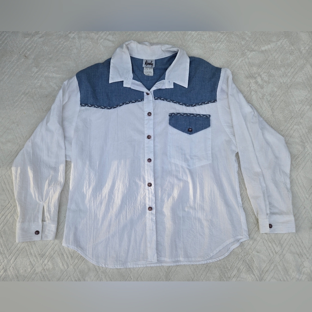 VTG 80s Tapestry Western Blouse | Blue Denim Yoke & White Cotton | Size L Womens